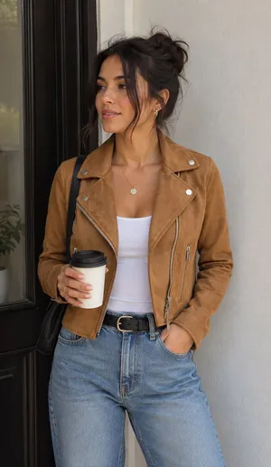 Abercrombie & Fitch Faux Suede Moto Jacket Camel Brown Biker Cropped Y2K Size XS thumbnail 1