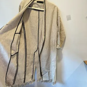 Zara Woman 100% Linen Striped Duster Coat Whipstitch Trim Beige XS Open‎ Front thumbnail 8