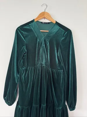Zara Deep Emerald Velvet V-Neck Tiered Mini Dress EUC thumbnail 2