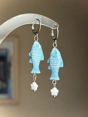 Handmade quality Czech glass beads fish boho fairy dangle earrings🐟🌿 thumbnail 2