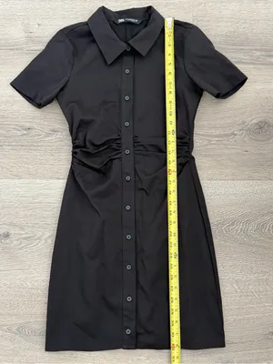 Zara Black Ruched Button Front Mini Shirt Dress XS thumbnail 4
