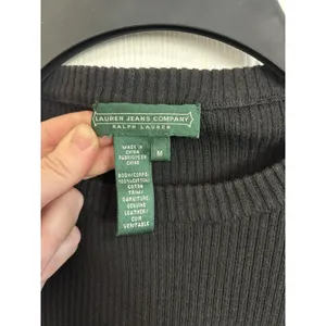 Y2K Lauren Jeans Co Black Rib Knit Crewneck Leather Patch Long Sleeve M Moto thumbnail 3