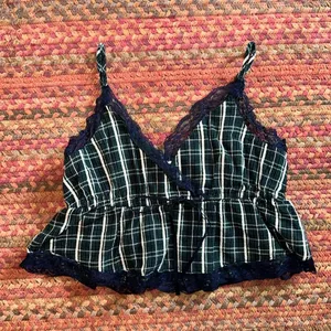 American Eagle Navy & Green Plaid Lace Cami Top thumbnail 1