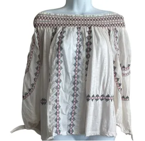Vintage America Blues Women Top S Ivory‎ 3/4 Sleeve Embroidered Boho Festival thumbnail 1