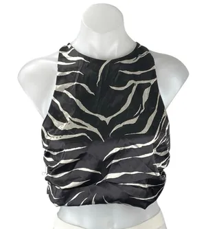 Zara Women's Black Satin Sleeveless Animal Print Crossback Crop Tank Top Size M thumbnail 1