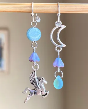 Handmade Czech glass beads whimsical fairy Pegasus & moon dangle earrings 🌙🦄 thumbnail 1