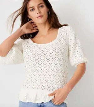 Ann Taylor Pointelle Crochet Square Neck Sweater Top XXL thumbnail 1
