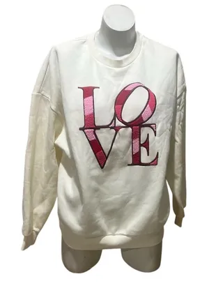 Francesca's Women's M Beige Love Embroidered Long Sleeve Sweatshirt thumbnail 1