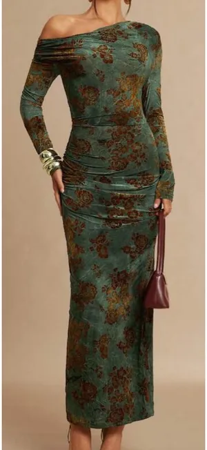 SheIn Silquee Green Flocked Floral Off-Shoulder Ruched Long Sleeve Elegant Maxi Dress thumbnail 1