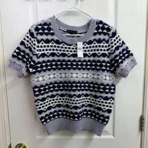 NEW Ann Taylor purple blue acrylic soft knit patterned short sleeve crop sweater thumbnail 1