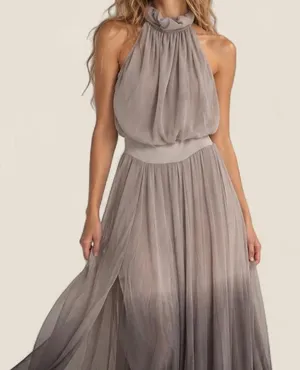 Ruffle Halter Maxi Dress small Taupe Y2K whimsi Fairy Grunge Romantic Boho slit thumbnail 1