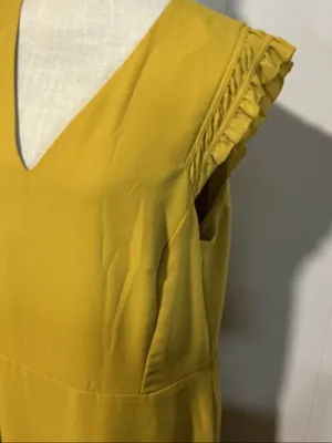 Ann Taylor Mustard Yellow V-Neck Midi Dress with Ruffle Cap Sleeves thumbnail 2