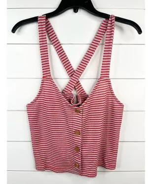 Lumiere Red Blue Striped Cross-Back Button-Front Tank Top Size M Cropped thumbnail 2