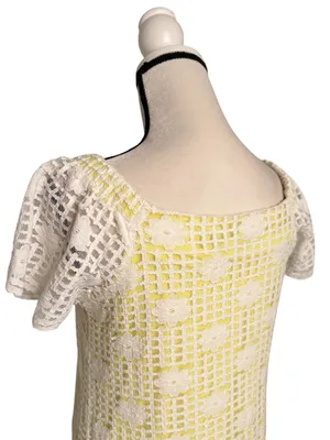 Emma & Michele White Crochet Yellow Underlay Flutter Sleeve Dress Size M thumbnail 7