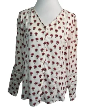 LOFT Floral Eyelet Blouse White M thumbnail 8
