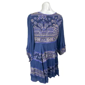 Free People My Love Blue Floral Boho Long Balloon Sleeve A Line Mini Dress Sz L thumbnail 3