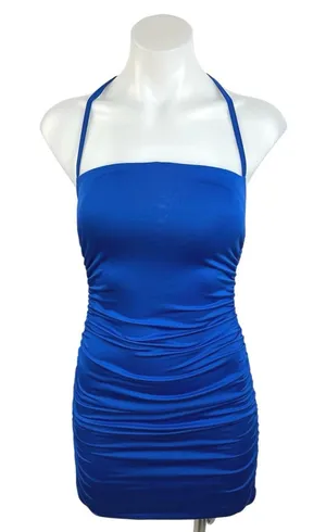 Women's Blue Sleeveless Fitted Ruched Halter Strap Bodycon Short Dress Size XS thumbnail 1