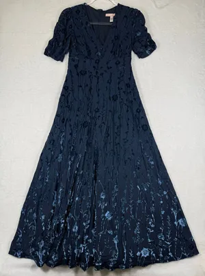 Hutch Navy Blue Floral Burnout Velvet Short Sleeve V-Neck Maxi Dress Size 0‎ thumbnail 1