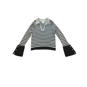 Maeve Anthropologie Collared Sweater XL Black White Striped‎ Gold Button Cuffs thumbnail 2