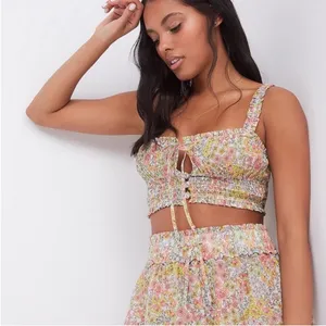 For Love and Lemons Esme Cami Crop Tank Top Pink Yellow Keyhole‎ Floral Small thumbnail 1