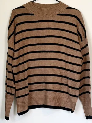 NWT Cupshe Brown and Black Striped Drop Shoulder Knit Sweater - Size: Large thumbnail 2