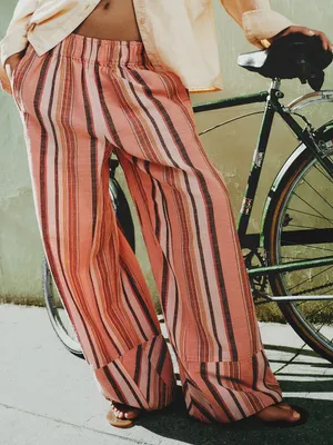 Free People Day's End Linen Striped Pull-On Pants in Soft Coral Combo NWT thumbnail 1