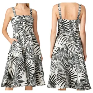 Hutch Aidy Dress‎ Womens 10 Black Ivory Palm Print Button Front Knee Length thumbnail 2