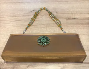 Bronze Satin Evening Clutch‎ Bag Green Rhinestone Brooch Beaded Handle Crossbody thumbnail 1