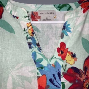 Van Heusen Mint Green & Orange Floral Linen Blend Split Neck Blouse M thumbnail 3