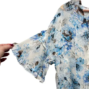 Umgee Women Top‎ S Blue Cottage Floral Chiffon Tie Front Ruffle Flutter Sleeve thumbnail 4