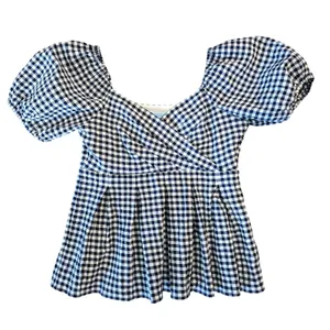 Draper James Women’s Gingham Puff Sleeve Peplum Top Blue White Blouse Size L thumbnail 7