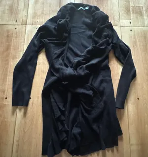 Lauren Ralph‎ Lauren Black Ruffle Open Front Cardigan Sweater Womens Medium M thumbnail 1