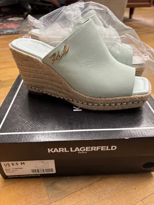 Karl Lagerfeld Mint Espadrille Wedge Mules with Gold Logo thumbnail 1