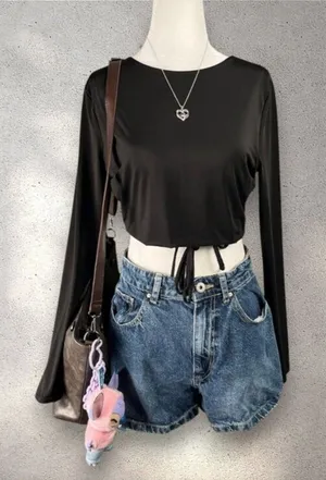 Cotton On Crop Top Women’s Large Black Long Sleeve Waist Tie Wrap Clubwear Y2K thumbnail 1