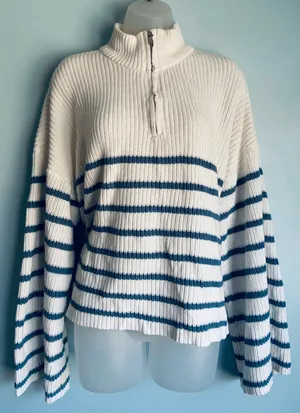 Edikted Sweater Oversized Quarter Zip Striped Bell Sleeve Knit Medium thumbnail 1