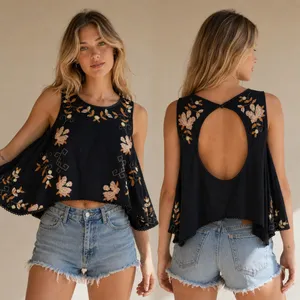 Free People Embroidered Swing Tank Top Women XS Navy Blue Floral Open Back Boho thumbnail 2