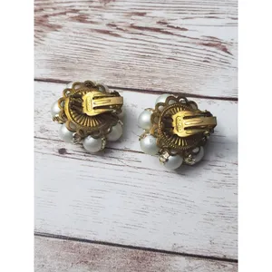 Vintage Clip On Earrings - Pretty Faux Pearl Cluster with Gold Tone Detail 1" thumbnail 5
