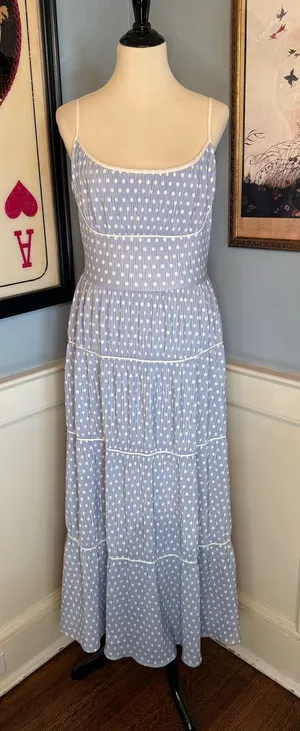 Retro Pinup Vintage Style Blue and White Marilyn Monroe Polka Dot Dress thumbnail 1