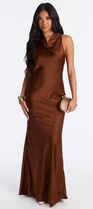 Brown Satin Maxi Open Back Coke Neck Dress thumbnail 1