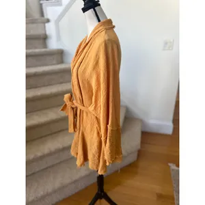 Urban Mango Boho Light Orange Raw Hem Embroidered Tie Waist Kimono thumbnail 3