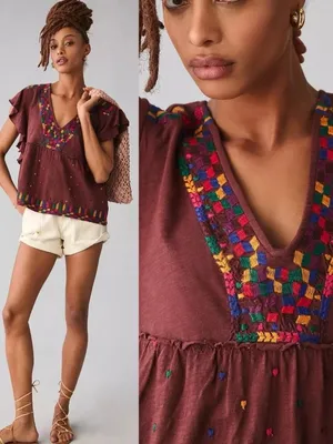 Anthropologie Brown Embroidered Bohemian V-Neck Ruffle Short Sleeve Top thumbnail 2