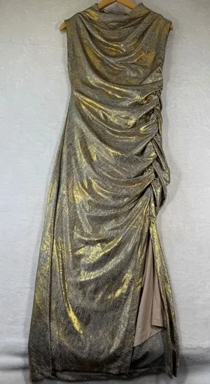 Anthropologie Gold Metallic Maxi Dress Sleeveless Ruched‎ Slit Cowl Neck S NEW thumbnail 1