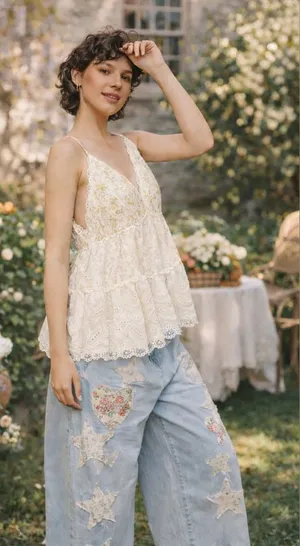 NWOT POL Ivory Ditsy Floral Eyelet Lace Cami Top Boho Cottagecore Peplum Small thumbnail 1