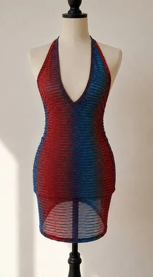 SHEIN Blue Red Sheer Halter Swim Cover-Up Dress Women's Small Geo Print thumbnail 1