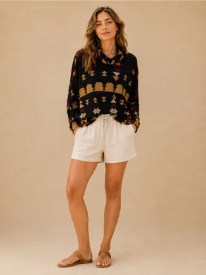 LuLaRoe Black Geometric Aztec Print Boho Oversized Drop Shoulder Knit Turtleneck thumbnail 7