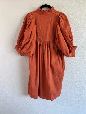 NWT‎ Never a Wallflower High Neck Dress Orange Seersucker Ruffle Puff Sleeve thumbnail 7