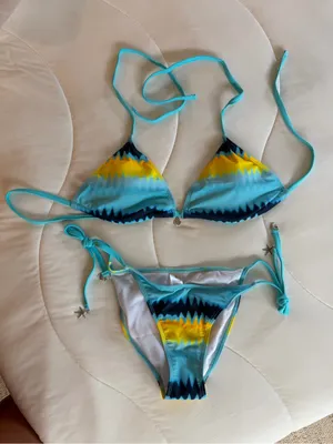 Triangle Bikini Set in Turquoise & Yellow thumbnail 1