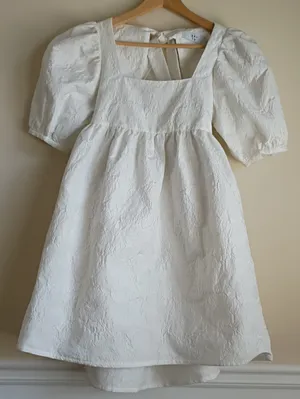 White Textured Mini Dress with Puff Sleeves and Square Neck thumbnail 1
