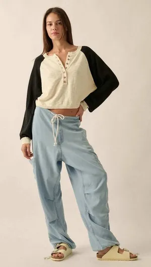 Prómesa Bases Loaded Colorblock Slub-Knit Henley Sweater Size Medium thumbnail 1