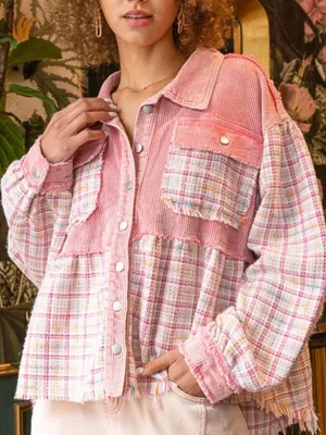 POL Pink Tweed Shirt Jacket Size Medium Shacket Patchwork Boho thumbnail 1